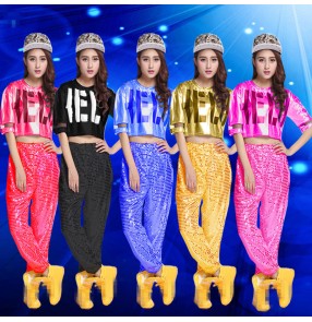 Black silver gold blue fuchsia hot pink sequins short sleeves fashion women's ladies hip hop jazz singer performance dance outfits costumes